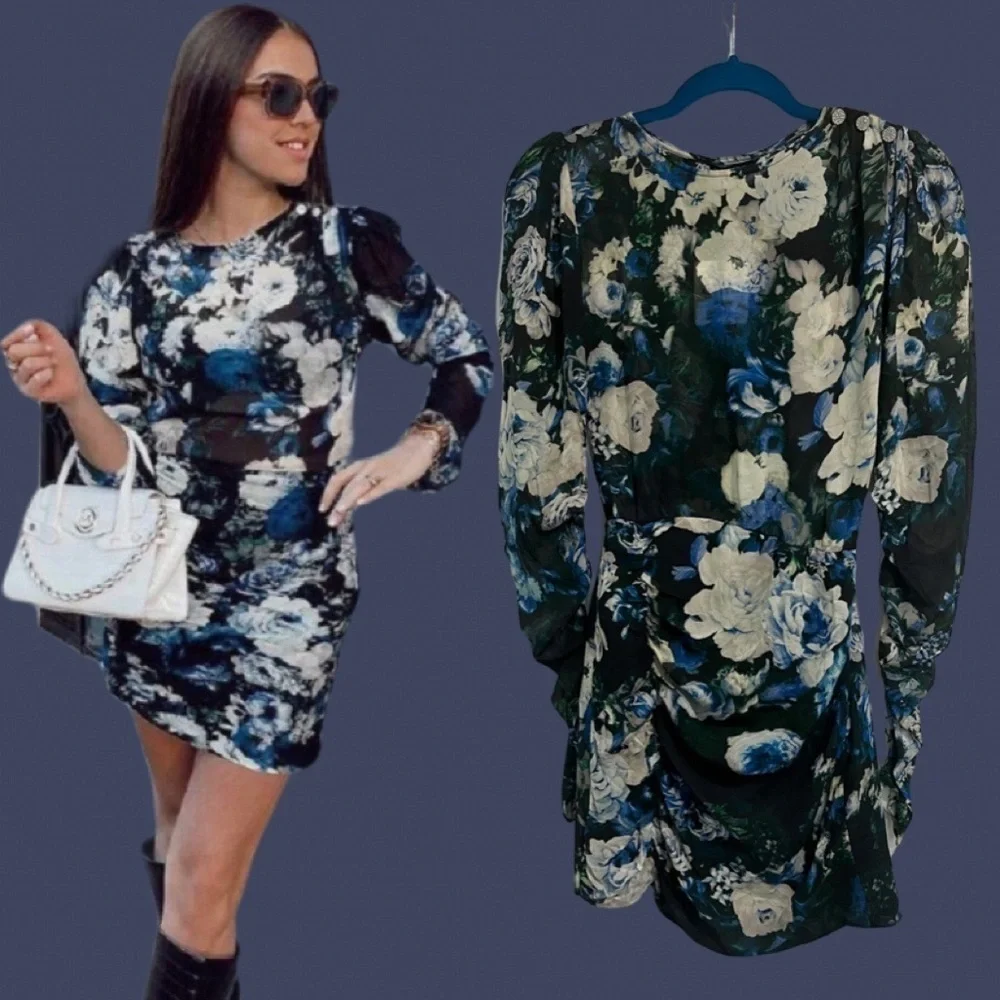 ZARA sheer top floral ruched mini dress with ruched sleeves - Picture 3 of 11